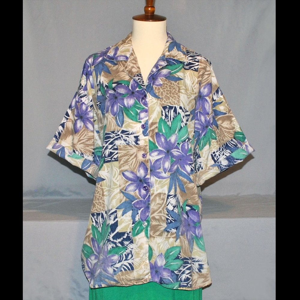 Vintage Cabrais Hawaiian Shirt Women's Size XL Tropical Floral Print Button Down